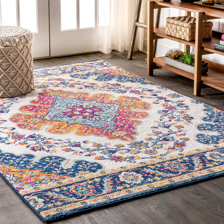 【loomer】Art Rug 18AW Bungalow Rose Lathan Power Loom Blue/Yellow/Cream Rug & Reviews
